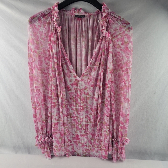 Vince Camuto sheer blousy loose fit floral vneck ruffle trim top Size 2XL - Picture 4 of 8